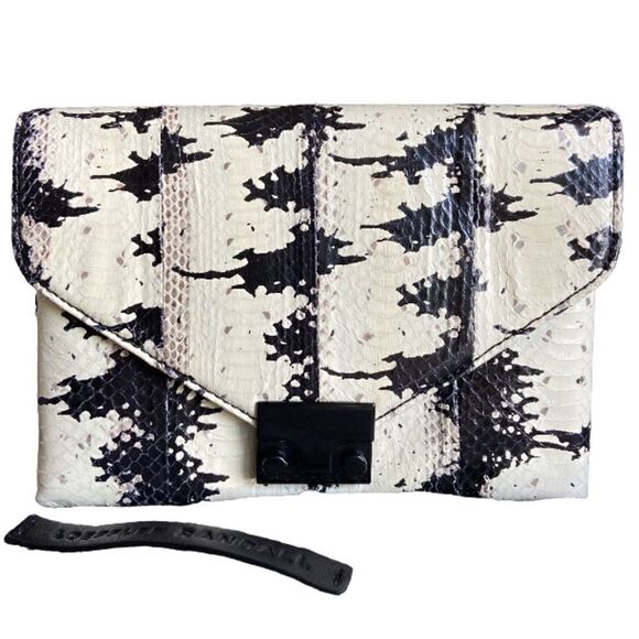 Loeffler Randall Snakeskin Leather Black White Clutch  Embossed  Envelope Lock - Picture 1 of 14